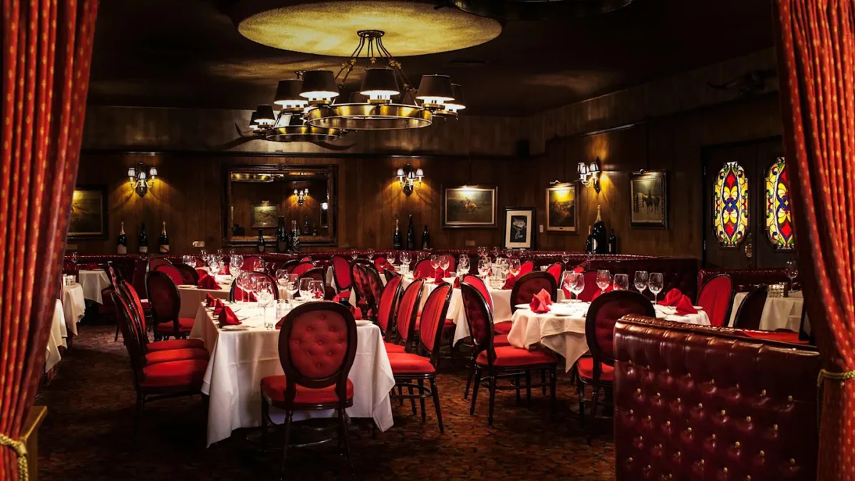 Historic red leather dining room at Golden Steer Steakhouse